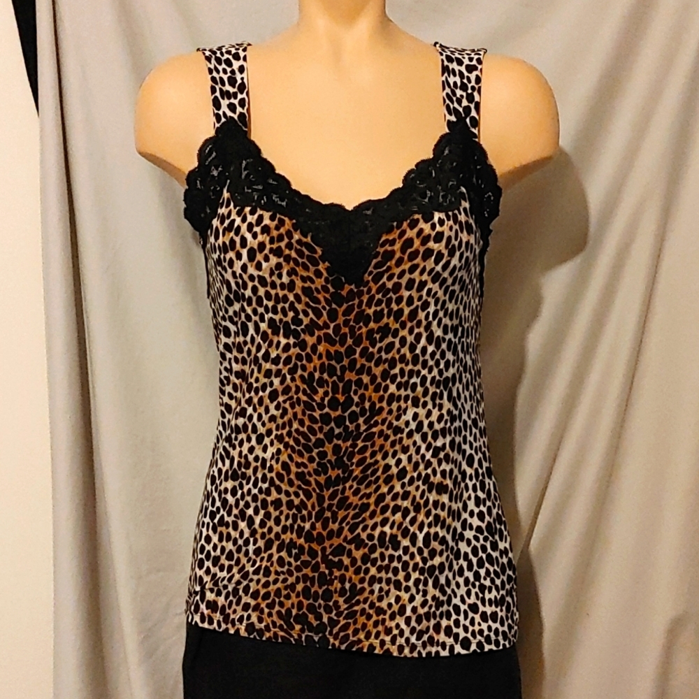 White House Black Market leopard print and lace fitted tank top